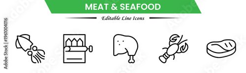 Meat and seafood icons depicting steaks, fish, shrimp, chicken, fillets, shellfish, cooking, grilling, freshness, protein, nutrition, butchery, cuisine, preparation, and ingredients.
