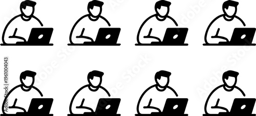 Remote work outline icon. Worker at desk with laptop. Minimalist vector pictogram for coworking, freelance, and workspace concepts