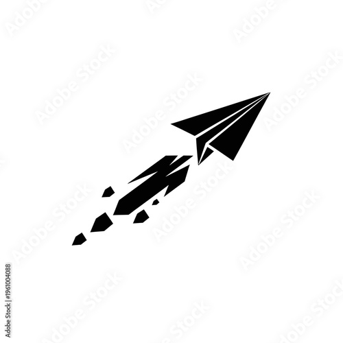 Black and white paper airplane design with upward trajectory on white background