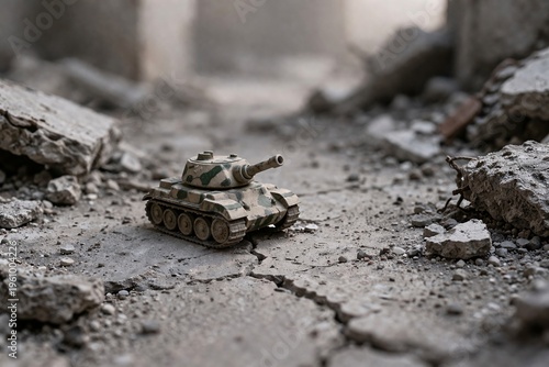 Miniature Toy Tank on Ruined Ground and Debris Symbolizing Children in War Zones