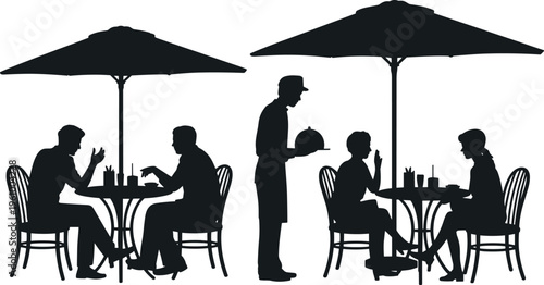 Silhouette of people dining at outdoor cafe with waiter serving food, couples sitting under umbrellas restaurant lifestyle scene illustration