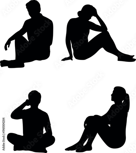 Silhouette set of people sitting in thoughtful and relaxed poses, isolated human figures expressing emotion, contemplation and casual lifestyle positions
