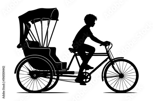 Cycle rickshaw silhouette with driver and passenger transport illustration isolated on white background, rickshaw, bicycle, transport, transportation, cycle, driver, passenger, vehicle