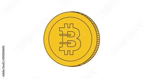 Minimalist digital gold cryptocurrency icon of Bitcoin coin with gold color and contour outline, isolated on a clean white background, representing financial technology and digital assets.