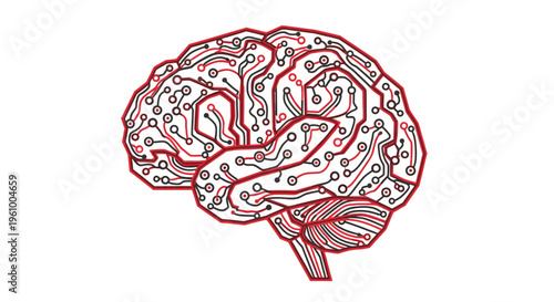 Conceptual outline of a human brain comprised of interconnected circuit board elements, symbolizing artificial intelligence, technological advancement, and the intersection of biology and co