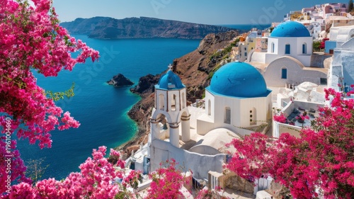 Picturesque Santorini Island View with Blue Domed Churches and Vibrant Pink Bougainvillea Flowers on a Sunny Day