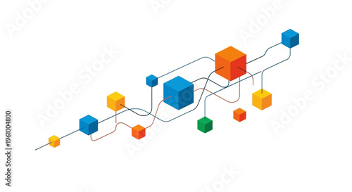 Abstract geometric composition of interconnected colorful cubes and lines, representing connectivity, networking, data flow, and modern technological concepts against a clean white backgroun