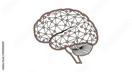 A detailed side-view depiction of a brain represented as a connected network of nodes and lines, showcasing neural pathways and the concept of cognitive processes within a clean, modern desi
