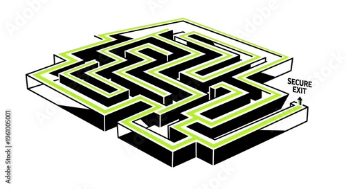 Isometric view of a complex maze rendered in a minimalist style, pathways highlighted in vibrant green, suggesting a path to a 'secure exit' and representing problem-solving and strategic pl