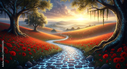 A serene pathway lined with vibrant red poppies and glowing blue stones leads through a picturesque landscape at sunset on transparent background