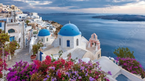 Santorini Island Greece View with Traditional Architecture, Aegean Sea, White Buildings, and Floral Accents on a Sunny Day
