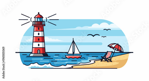 Coastal scene with lighthouse, sailboat, and beach chair under an umbrella