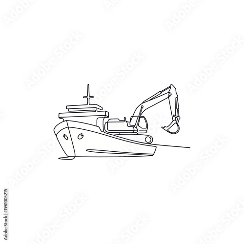 Continuous line drawing of a dredge boat with an excavator on deck.