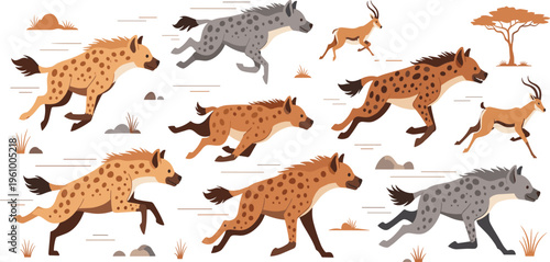 Hyena Hunting Scene Illustration Featuring African Savanna Wildlife Chasing Antelope in Dynamic Running Poses for Safari, Nature, and Predator Behavior Design Projects.