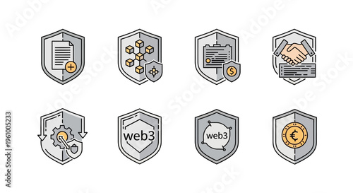 Cybersecurity Icons Representing Digital Security Concepts Including Blockchain and Web3 Technology With Financial Data Protection Symbols