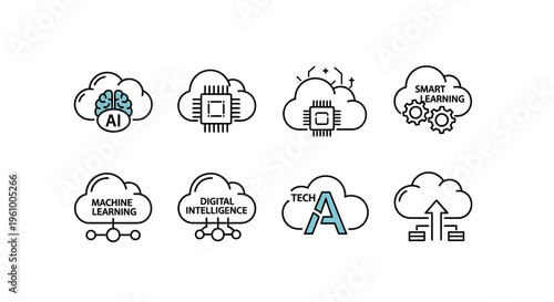 Collection of cloud based artificial intelligence and machine learning technology icons and symbols representing digital intelligence and smart