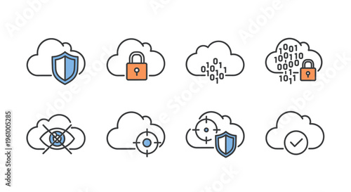 Digital Security and Data Protection Concepts Represented by Cloud Icons with Shields Padlocks and Binary Code Symbols for Online Safety and Network