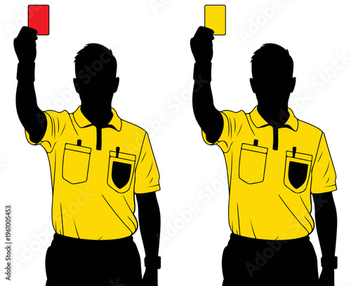 Football referee vector, Referee showing red and yellow cards silhouette isolated on white background, football, referee, sport, game people