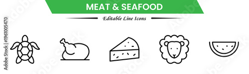 Meat and seafood icons depicting steaks, fish, shrimp, chicken, fillets, shellfish, cooking, grilling, freshness, protein, nutrition, butchery, cuisine, preparation, and ingredients.