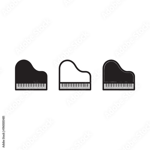 Minimalist depiction of three grand pianos in black silhouette against white