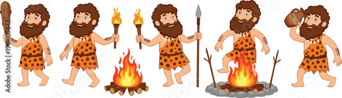 Caveman Character Set with Fire, Torch, Spear, and Primitive Tools for Prehistoric Illustration Design