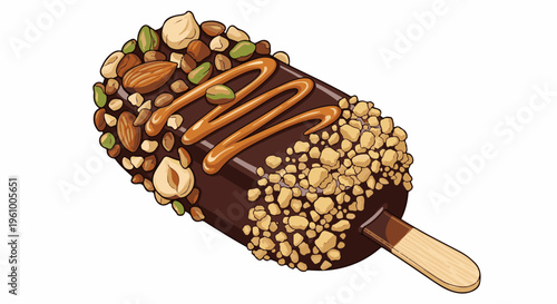 Chocolate covered ice cream bar with nuts and caramel drizzle