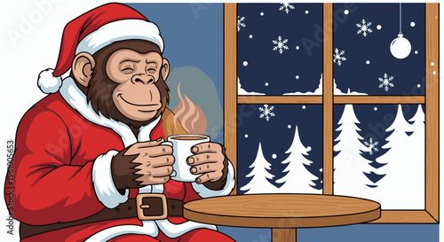 Chimpanzee in Santa suit enjoys hot beverage by snowy window