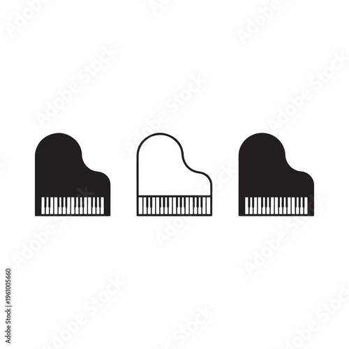 Minimalist depiction of three grand pianos in a black and white design