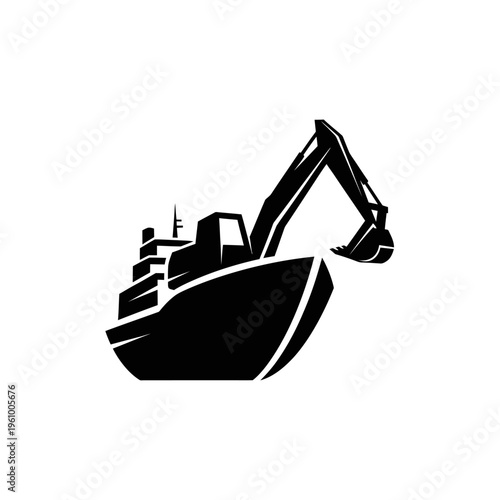 Dredge boat with excavator arm in black and white silhouette.