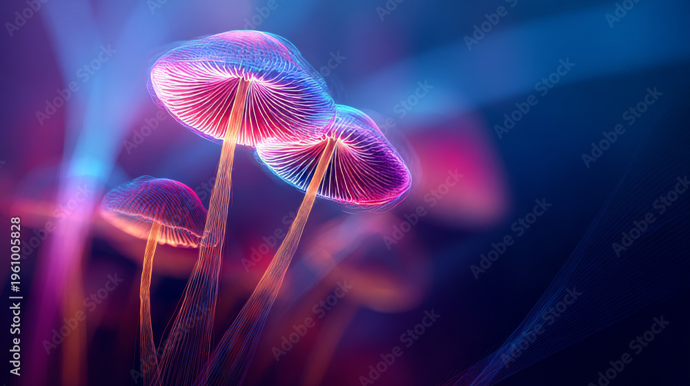 Fototapeta premium Bioluminescent Neon Mushrooms in a Futuristic Digital Fantasy Forest