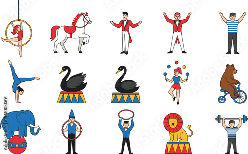 Circus Performer Set with Acrobat, Clown, Juggler, Animals, and Strongman for Entertainment Show Illustration Design