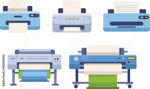 Printer devices set illustration, inkjet and laser printers with paper printing process, office equipment collection, document printing technology vector