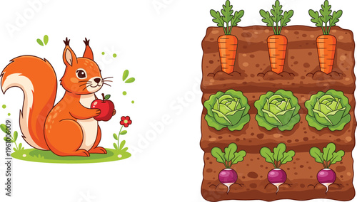 Cute squirrel holding apple and vegetable garden bed with carrots, cabbage and beets, colorful vector illustration for children, farming and healthy food concepts
