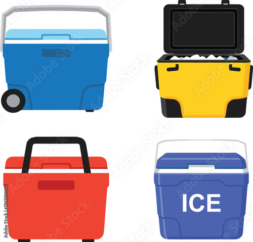 Portable cooler box set illustration, insulated ice chest containers for camping, picnic and outdoor travel, food and beverage storage equipment vector
