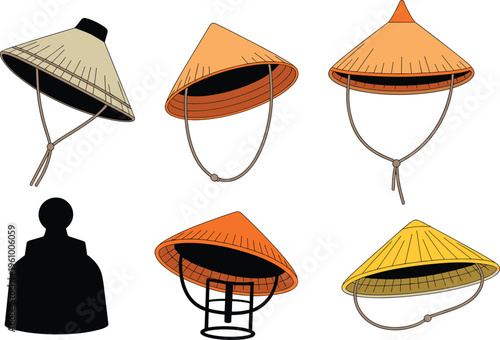 Asian conical hat collection illustration, traditional rice farmer straw hats in different styles, cultural headwear design, Vietnam nón lá accessory vector set