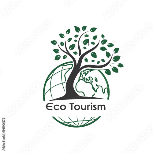 Tree growing on globe logo for eco tourism and conservation