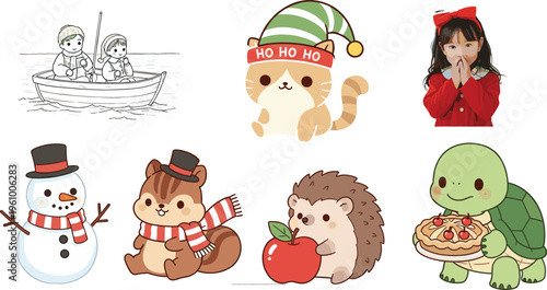 Cute winter and animal cartoon collection with snowman, hedgehog, turtle, festive cat and children illustration, colorful vector set for kids and holiday designs