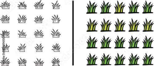 Vector icons of grass tufts in two styles: black and white line art sketches on the left and vibrant green sprouts on the right. Ideal for landscaping, garden design, and game assets.
