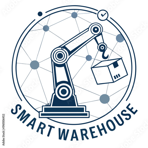 Smart warehouse robot arm with box and network graphic with supply chain