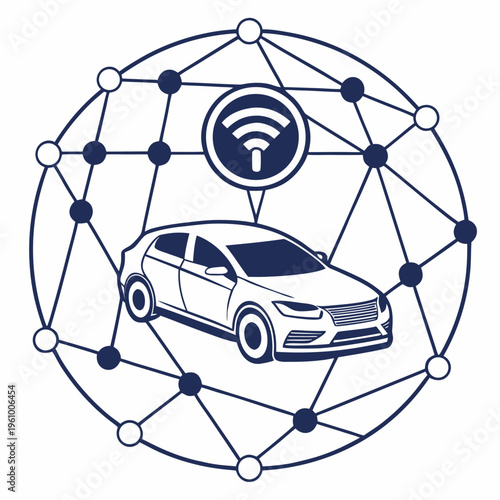Connected car icon with network and wi-fi symbol with vehicle to everything