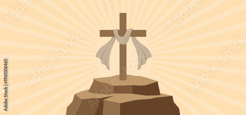 Good Friday illustration background with cross and shroud on rocks