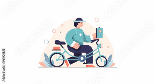 A person in a hat rides a bicycle with a package on the handlebars