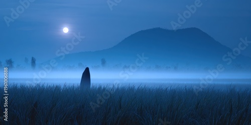Mysterious solitary figure in a misty field illuminated by moonlight scenery