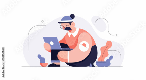 A stylized cartoon character with a mustache, glasses, and hat works on a laptop