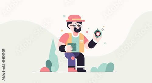 A stylized, cartoonish man in a hat, holding a device