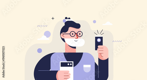 A bearded man with glasses takes a selfie with a phone and flash