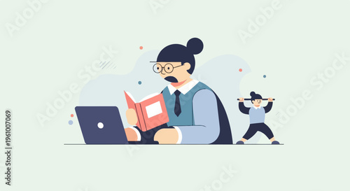 A person reads a book beside a laptop, while another exercises