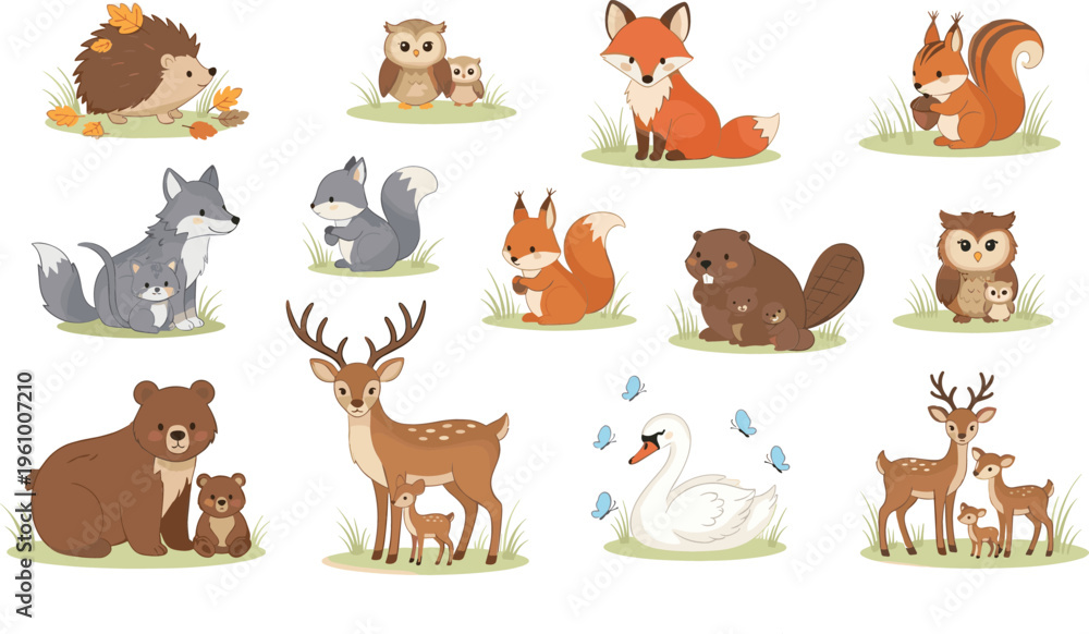 Obraz premium Forest animals family collection with fox, bear, deer, owl, squirrel and swan, hand drawn colorful vector illustration for children books and nature themed designs