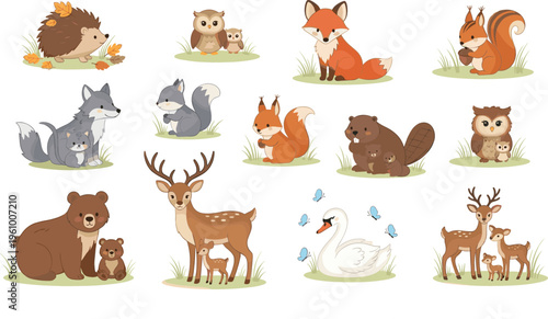 Forest animals family collection with fox, bear, deer, owl, squirrel and swan, hand drawn colorful vector illustration for children books and nature themed designs