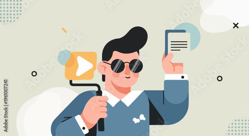 Animated man with sunglasses and recorder creating content